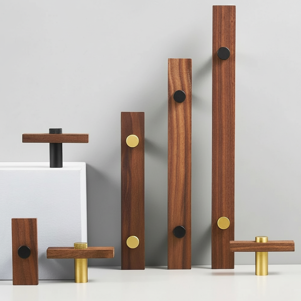 Sleek Modern Walnut Brass Cabinet Handles – Industrial Style Hardware