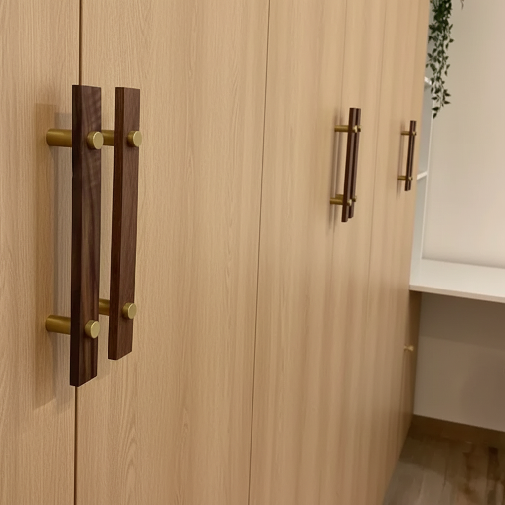 Sleek Modern Walnut Brass Cabinet Handles – Industrial Style Hardware
