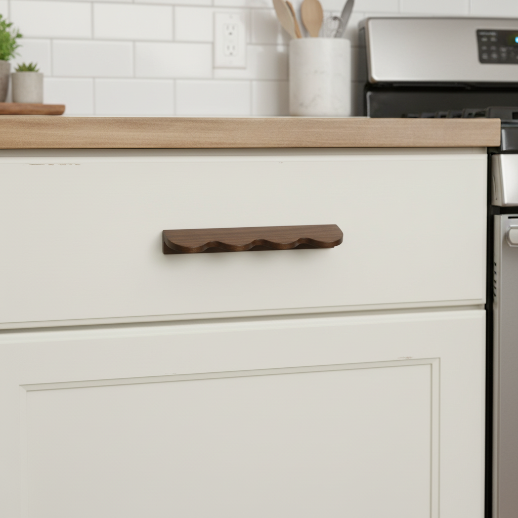 Minimalist Wavy Timber Cabinet Pulls – Scandinavian Walnut Hardware